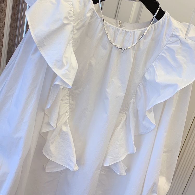 Áo Sơ Mi Trắng Tay Dài Dáng Rộng Phối Bèo Phong Cách Hàn Quốc