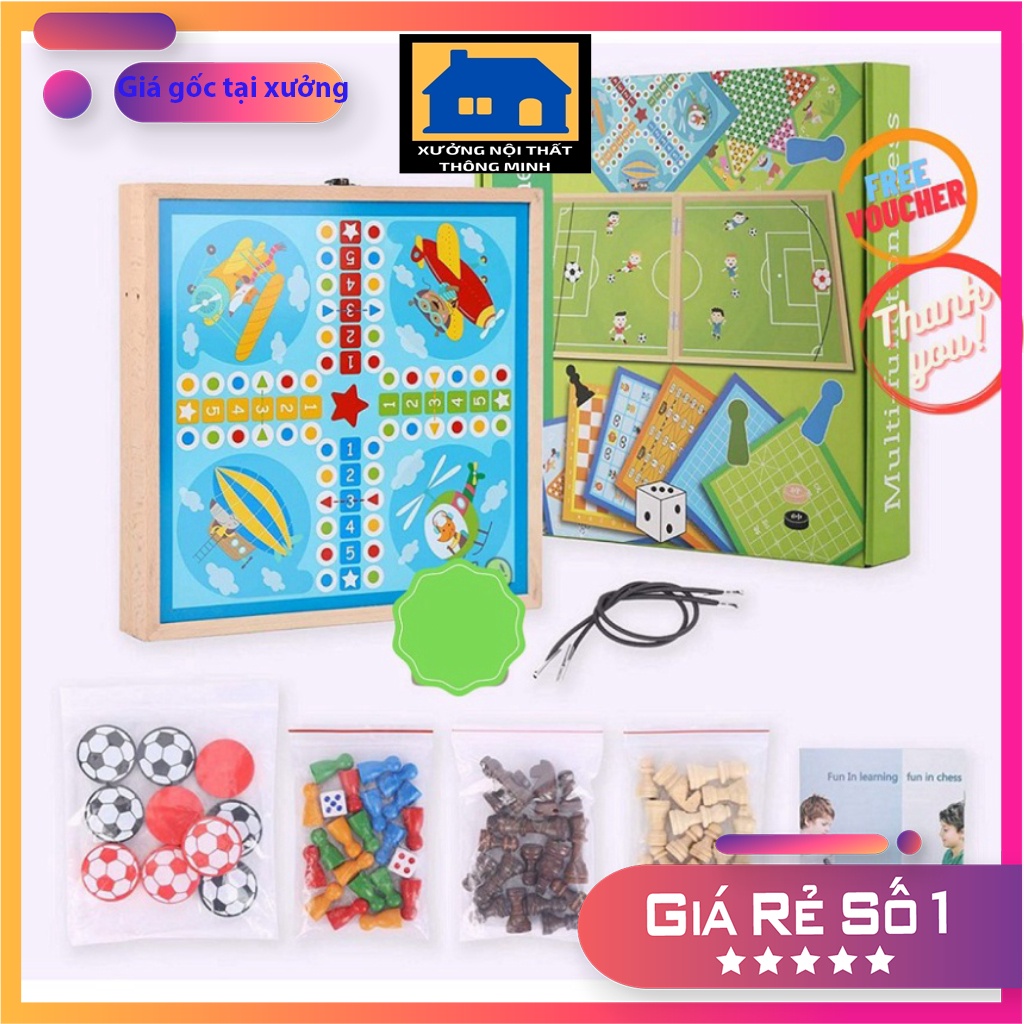 Bộ cờ đa năng 3 trong 1: cờ caro, cờ cá ngựa và cờ búng, bộ cờ 3in1 bằng gỗ cho bé