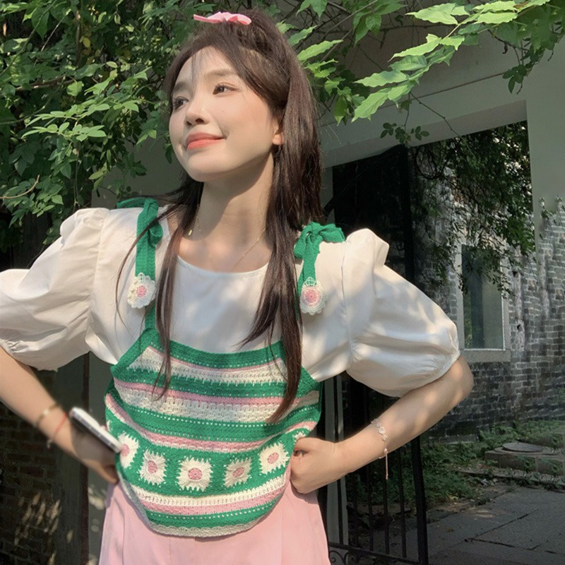 Áo Croptop Dệt Kim Không Tay In Hoa Cúc Màu Sắc Tương Phản Thời Trang Mùa Hè Cho Nữ