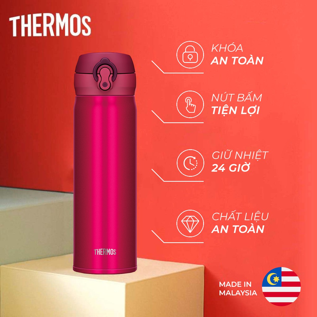 COMBO Chị Em Chúng Mình. Bình giữ nhiệt Thermos nút bấm 500ml màu đỏ  + nắp vặn 500ml màu hồng dành cho đôi bạn cá tính.