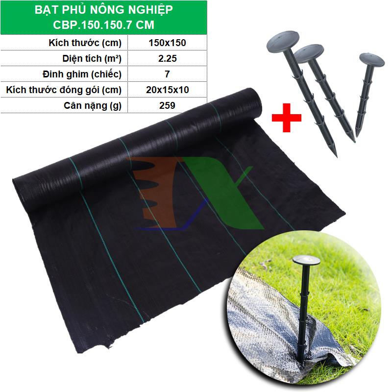 Combo Bạt phủ nông nghiệp CBP.150.150.7, Bạt pp giữ ẩm cho đất diệt cỏ dại kèm Đinh ghim (150x150 cm) + 7 ghim