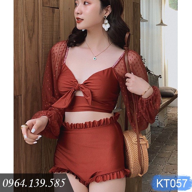 Bikini 2 mảnh kín đáo che khuyết điểm, tay lưới bi sexy quyến rũ, vải bơi dày dặn, co giãn tốt