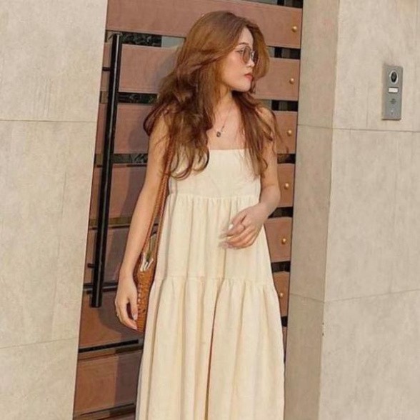 Đầm váy hai dây voan tơ buộc vai đen kem sữa váy thiết kế đầm Maxi Banamo Fashion váy hai dây buộc nơ xinh 597