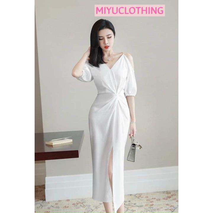 Váy trắng dự tiệc cưới tiểu thư đầm trắng xinh 2 dây hở vai nhún eo xinh đẹp quyến rũ Miyu Clothing