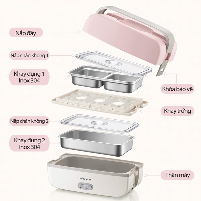 Hộp Cơm Cắm Điện Bear Khay Inox nấu cơm, nấu thức ăn, giữ nhiệt (Hàng chính hãng 1 đổi 1 trong 30 ngày, BH 18 tháng)
