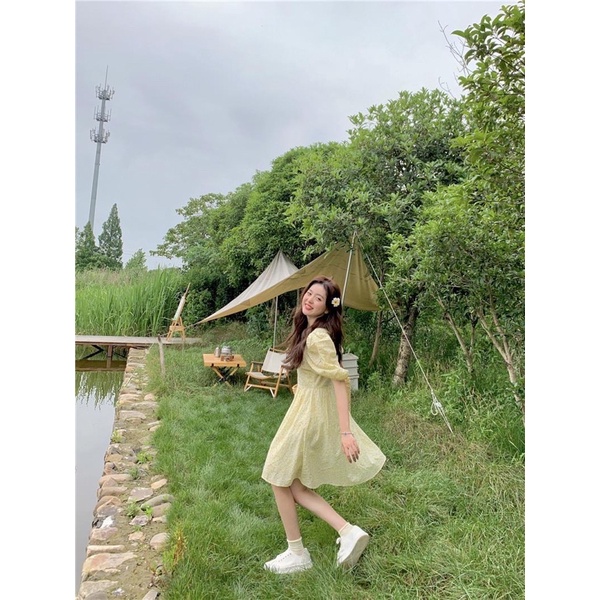 Váy hoa nhí tiểu thư ngắn tay bo chun nhẹ nhàng, 2 màu vàng, xanh, full size từ S-2XL, phong cách PHÁP