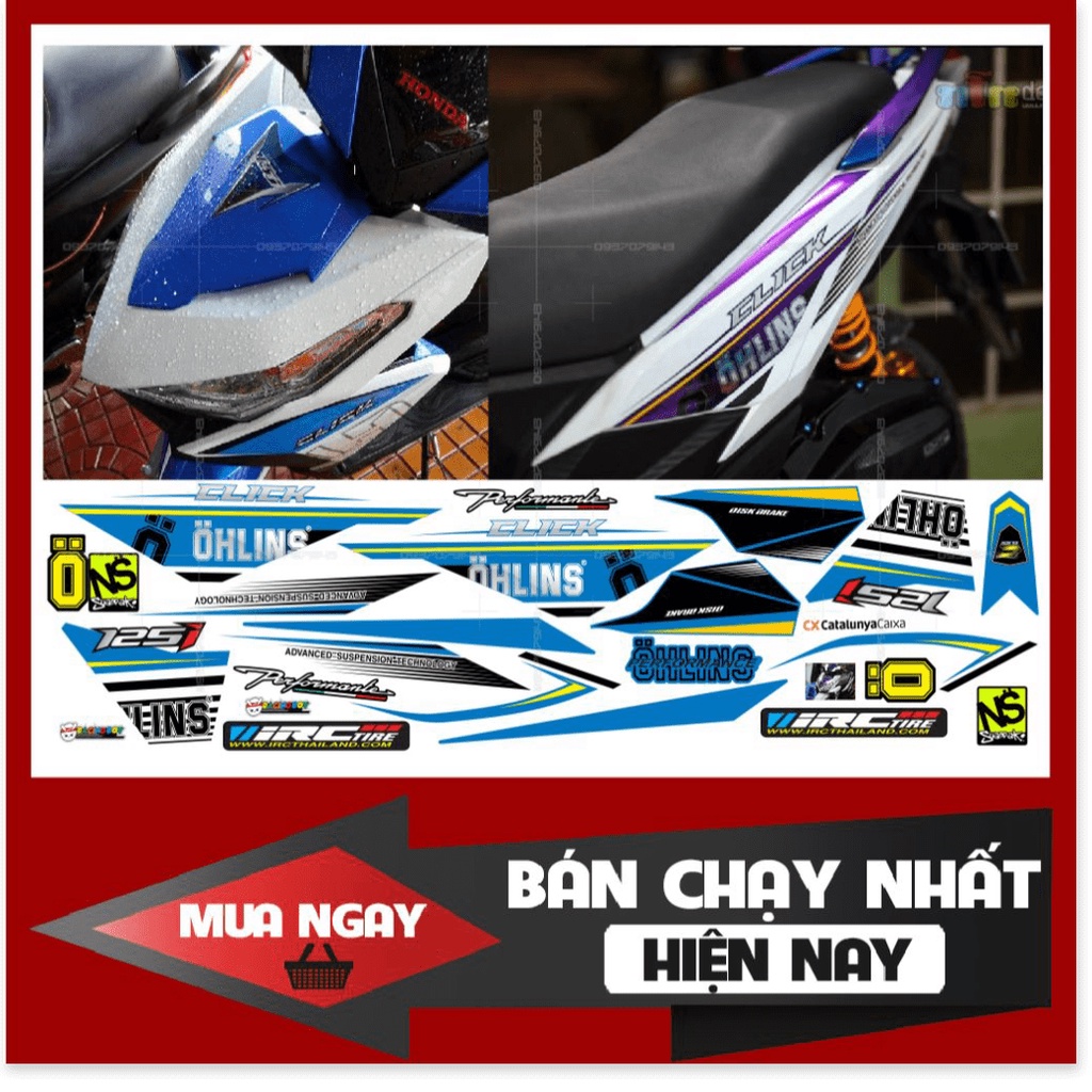 ( Quí khách vui lòng mang ra tiệm cho thợ dán ) Tem Click 125i Ohlins trắng xanh
