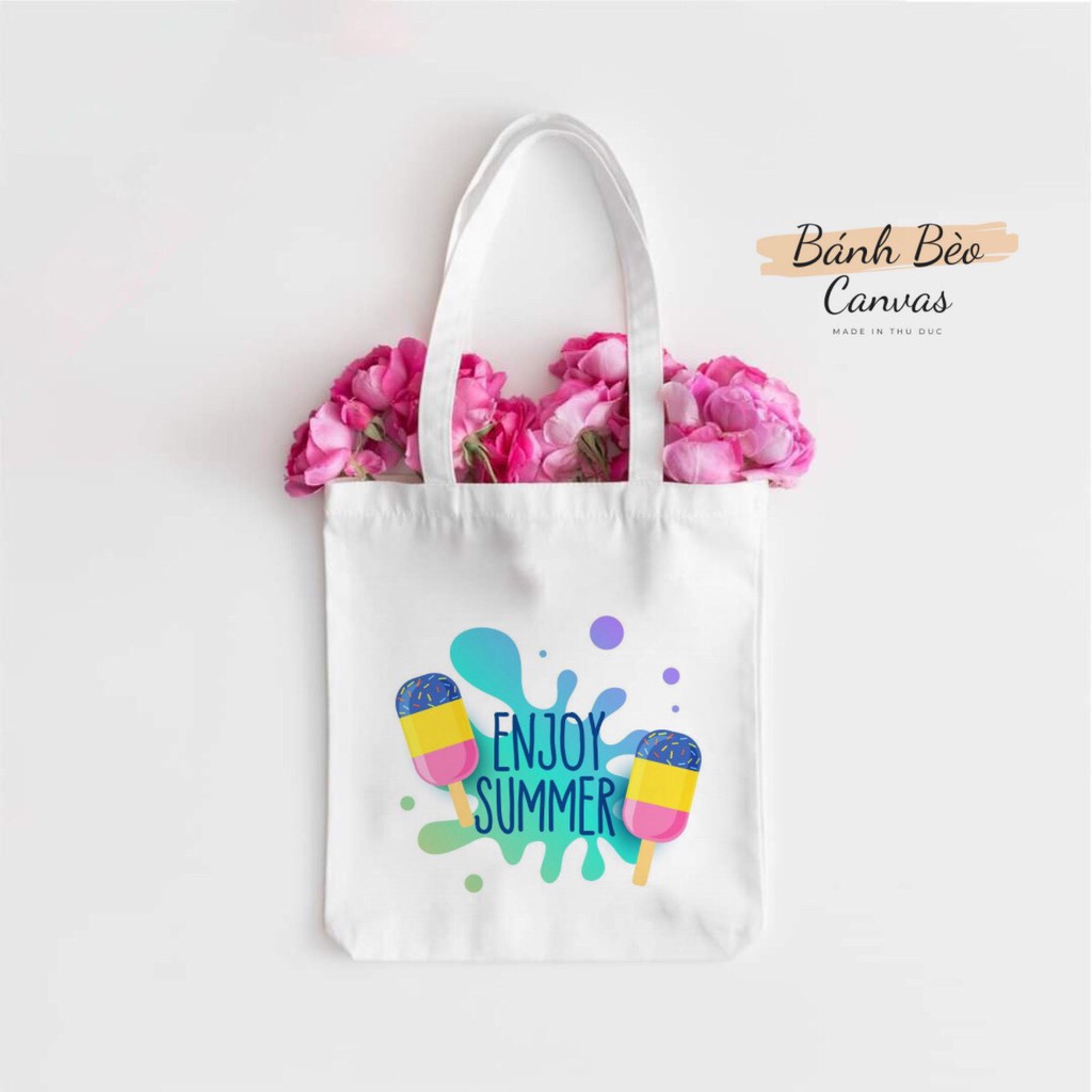 TÚI TOTE &quot;VUÔNG&quot; VẢI CANVAS ĐEO VAI HELLO SUMER _ MÙA HÈ YÊU THƯƠNG