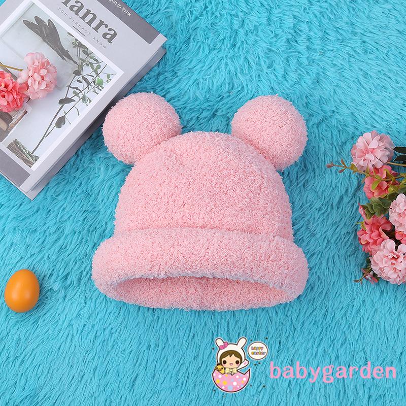 Mũ trùm đầu len lông cừu màu trơn đính hai quả bóng lông xinh xắn thời trang dành cho trẻ em