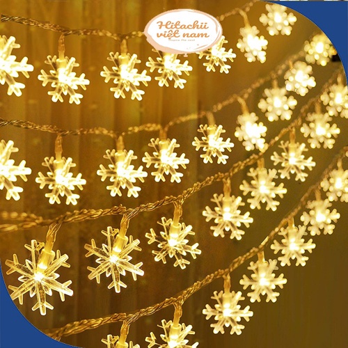 Dây đèn led trang trí bông tuyết màu vàng ấm, Dây đèn LED trang trí họa tiết bông tuyết tiện dụng trang trí nhà