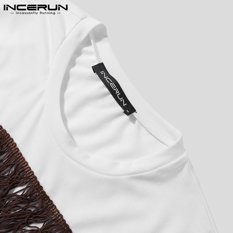 Áo thun INCERUN tay ngắn dáng rộng phối tua rua nhiều màu sắc thời trang sành điệu cho nam