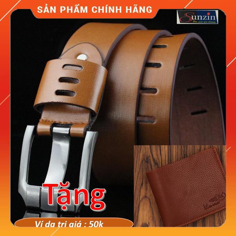 HCM- Thắt lưng TẶNG ví - Dây lưng mặt khóa kim, khóa lỗ vuông (NÂU) - Tặng ví da trị giá 50k