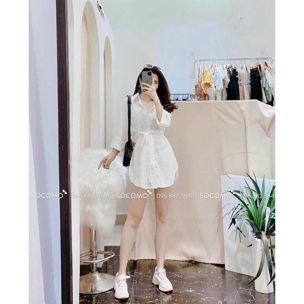 Set Áo Sơ Mi Tay Dài Buộc Nơ Eo Và Quần Ngắn ROSE FASHION