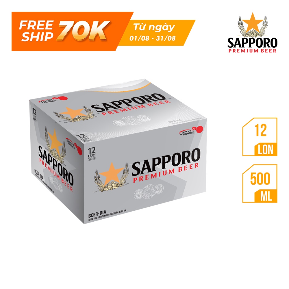 Thùng 12 lon bia Sapporo Premium (500ml/lon)