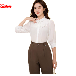 Áo sơ mi Chiffon trắng dài tay, cổ đức, xếp tà bong Toson 12983W62
