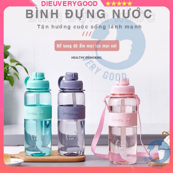 Bình đựng nước thể thao, tập gym Sports Cup kèm dây đeo và ống hút, chia vạch nhiều kích cỡ 600ml, 1000ml, 1500ml, 2L dv