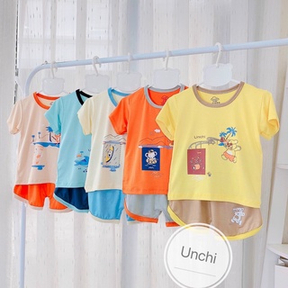 Bộ cộc tay Unchi chất peptit nền màu cổ màu họa tiết đáng yêu cho bé trai bé gái Namkidshop (QATE442)