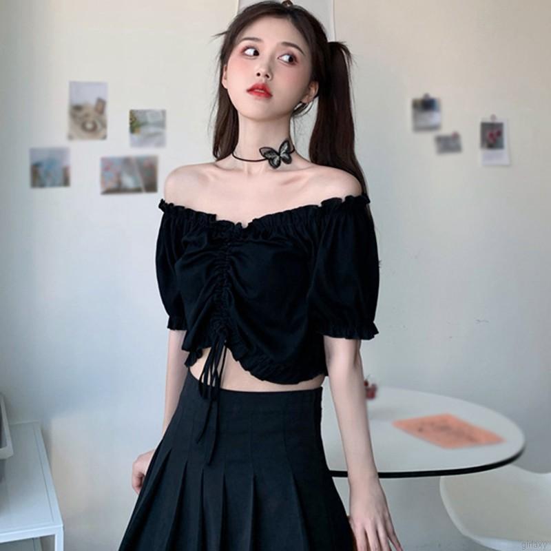 Áo Croptop Trễ Vai Màu Trơn Phong Cách Retro Hàn Quốc