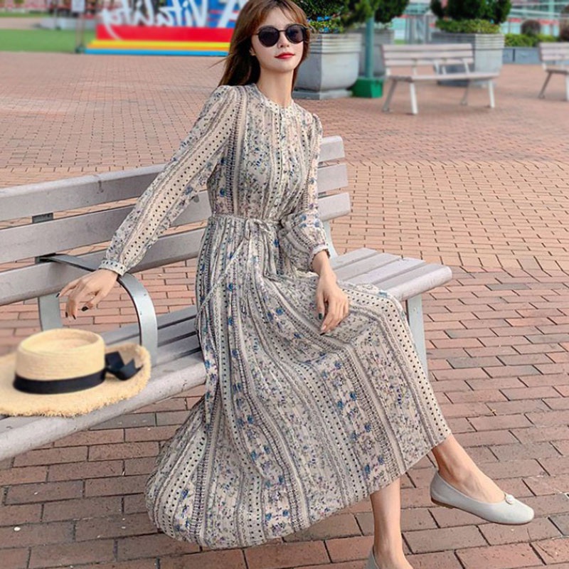 Đầm Chiffon Nữ Dài Tay Cổ Tròn Xếp Ly Thời Trang Hàn