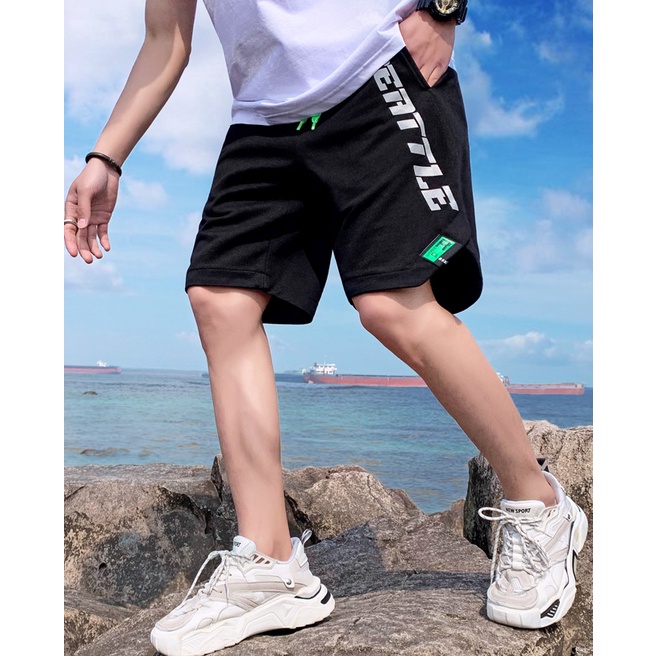 Quần đùi nam HappyFamily - Short thể thao cắt vát ngắn đùi in chữ vải nỉ da cá 100 cotton