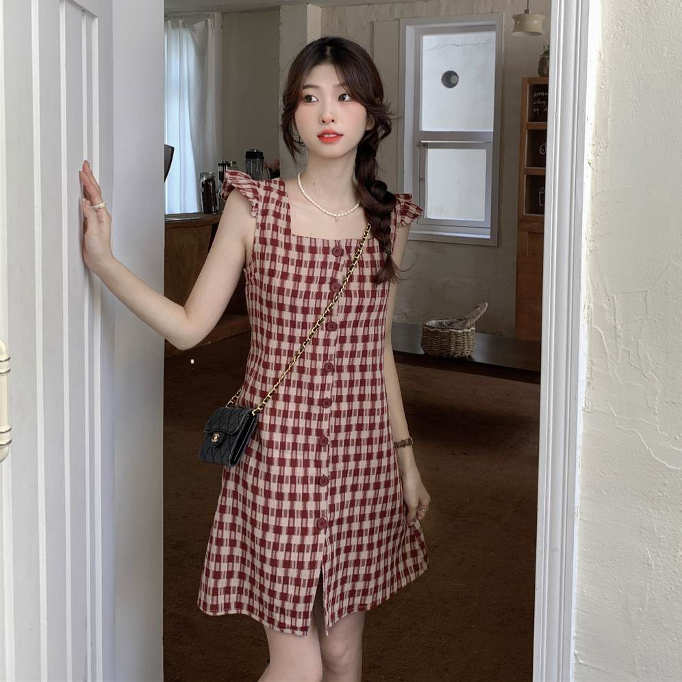 Đầm voan ngắn tay họa tiết ca rô xinh xắn đáng yêu hợp thời trang dành cho nữ