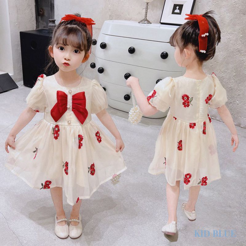 Đầm Công Chúa Tay Phồng Phối Lưới Thêu Hoa Đính Nơ Ngọt Ngào Cho Bé Gái