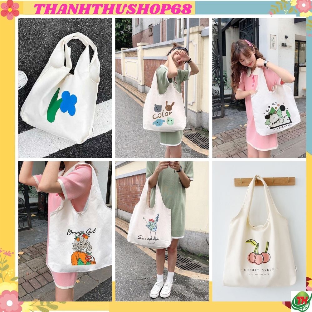 Túi xách nữ đeo chéo vải canvas liền thân in hoạ tiết ngộ nghĩnh Thanhthushop68 556