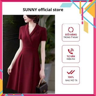 Đầm Công Sở Đẹp, Váy Xòe Cổ Vest Màu Đỏ Đô, Vải Thun Co Giãn, May Kĩ, Form Chuẩn