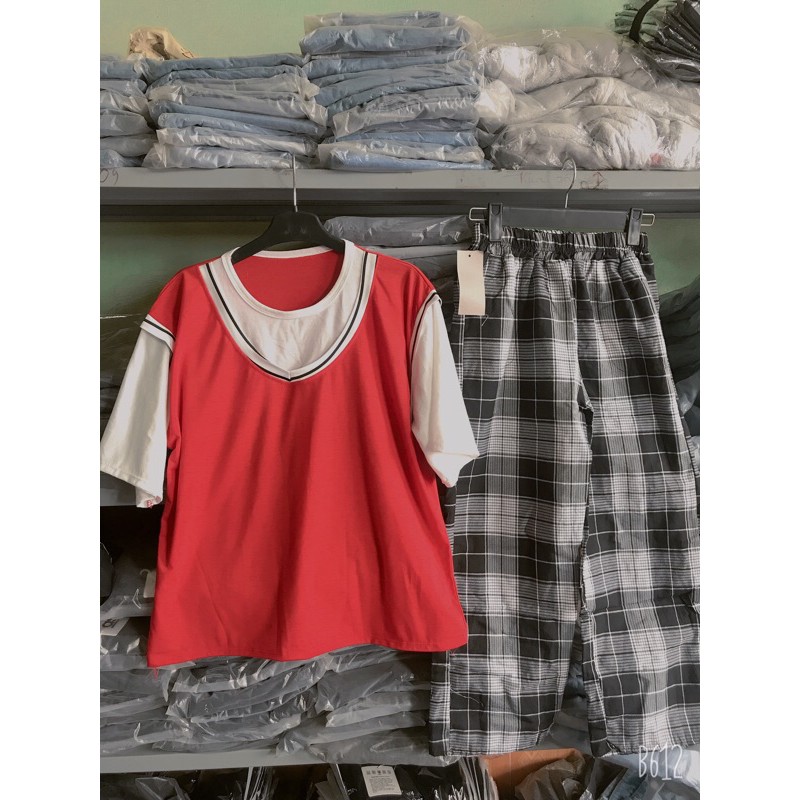 Sét áo viền gile + quần karo kẻ