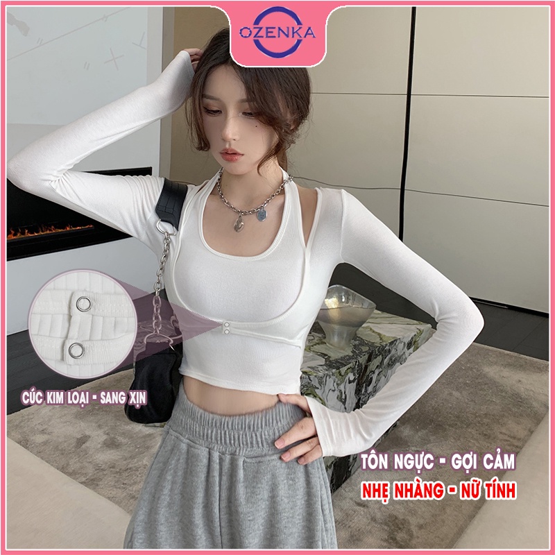 Áo thun croptop tay dài ôm body nữ OZENKA , crt len tăm cotton đẹp màu đen trắng free size dưới 50kg