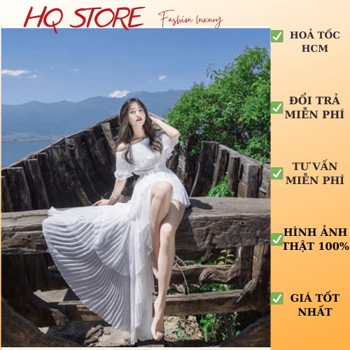 Đầm maxi đi biển dập li bẹt vai, váy voan dài xẻ tà bèo tầng 2s có lót trong - Maxi HQ store