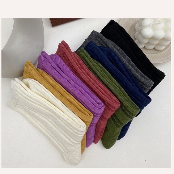 TL121 Tất vớ nữ cổ cao RETRO trơn cổ điển len vân chất dày