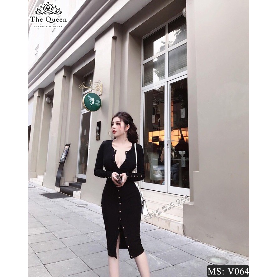 Sale Đầm len body V064 màu đen, trắng - The Queen Fashion