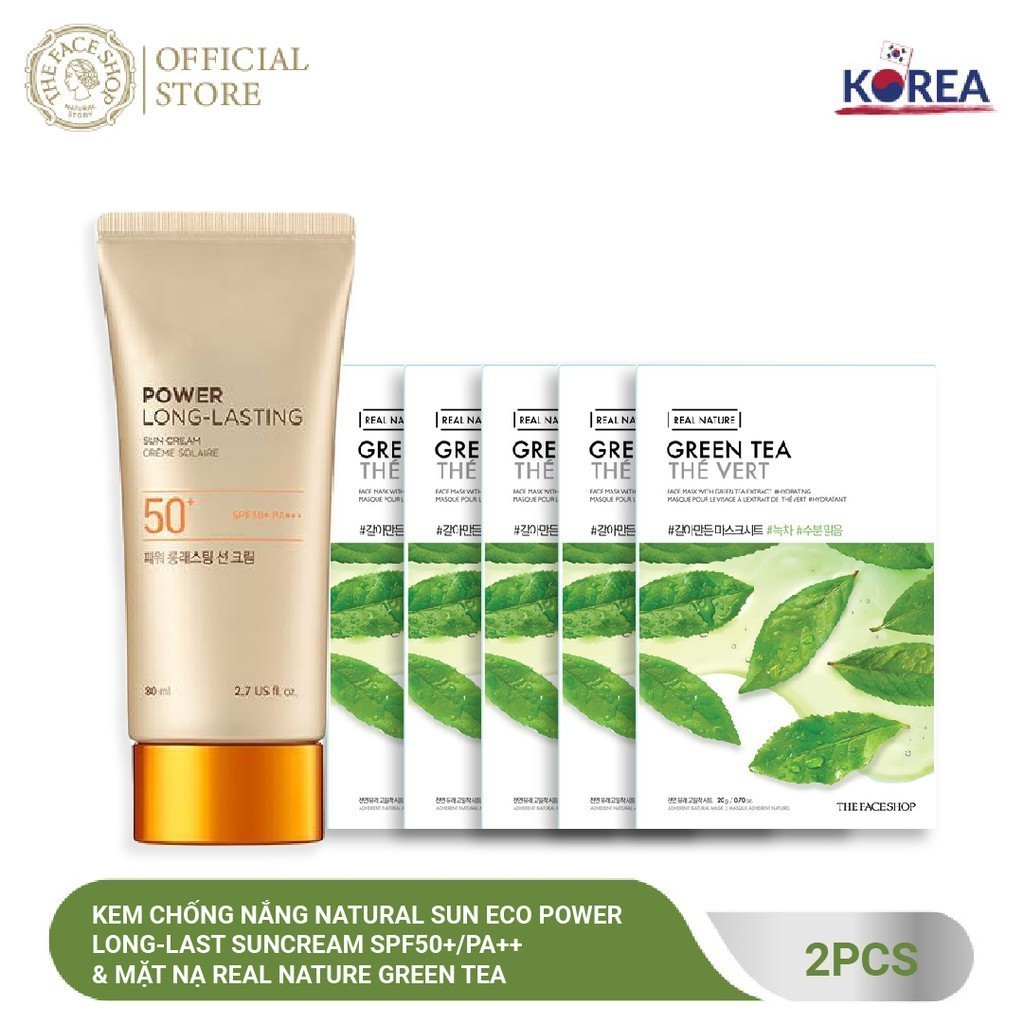 Bộ TheFaceShop Natural Power LongLast Suncrm Spf50+ &Mặt Nạ Real Nature GreenTea