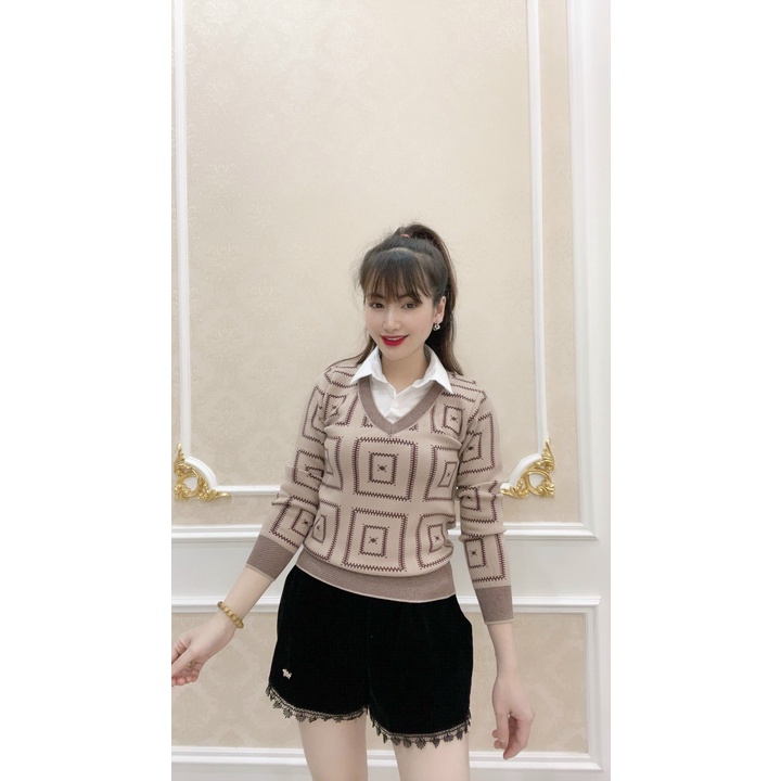 Áo len nữ tay dài, áo len kẻ ô phối cổ sơ mi siêu dễ thương chất len mềm mịn kiểu dáng gọn gàn form dễ mặc dễ phối đồ | BigBuy360 - bigbuy360.vn
