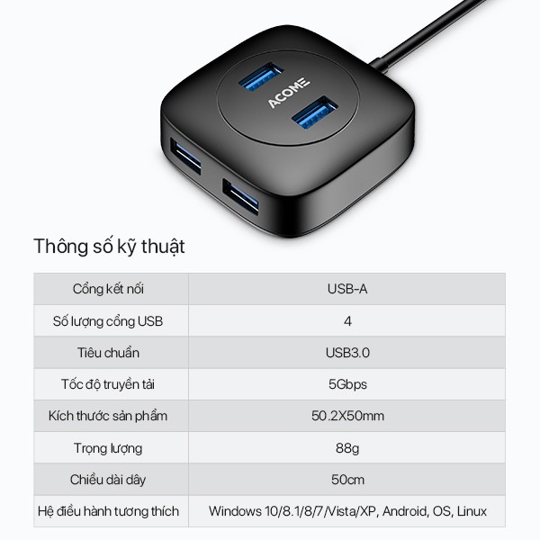 HUB USB 3.0 Bộ Chuyển Đổi 4 in1 ACOME AH300 Tốc Độ Truyền Tải Cao Công nghệ IC Mới Hàng Chính Hãng Bảo Hành 12 Tháng