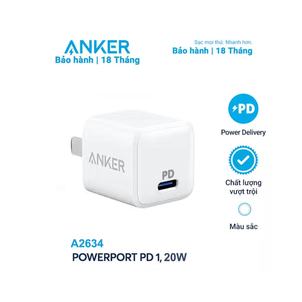 Củ Sạc Nhanh Anker A2634 A2633 20W,Cáp sạc nhanh A8632 USB-C to Lightning, iPhone PD 20W Cho iPhone 12 Pro 11 X 8P iPad