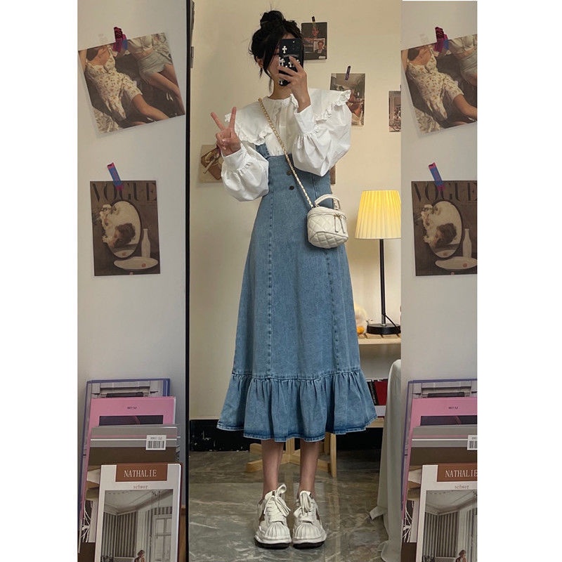 Đầm Denim Hai Dây Nhún Bèo Phong Cách Hàn Quốc Thời Trang Thu Đông 022