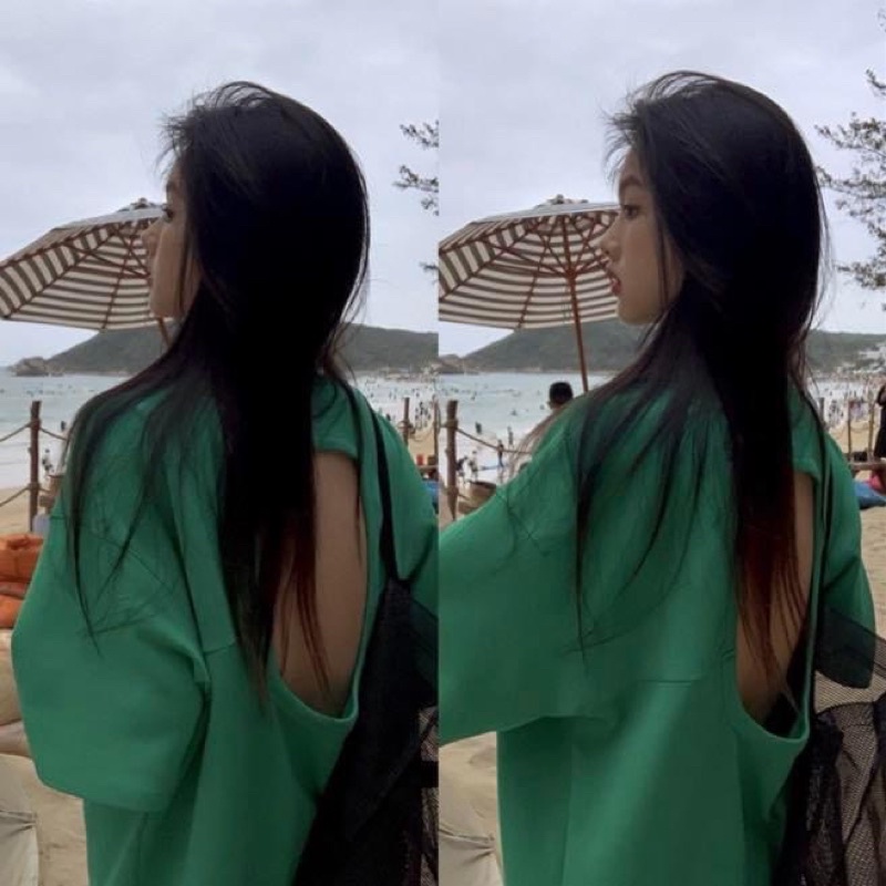 Áo thun nữ tay ngắn cut out hở lung trơn oversize form rộng - Order taobao quảng châu