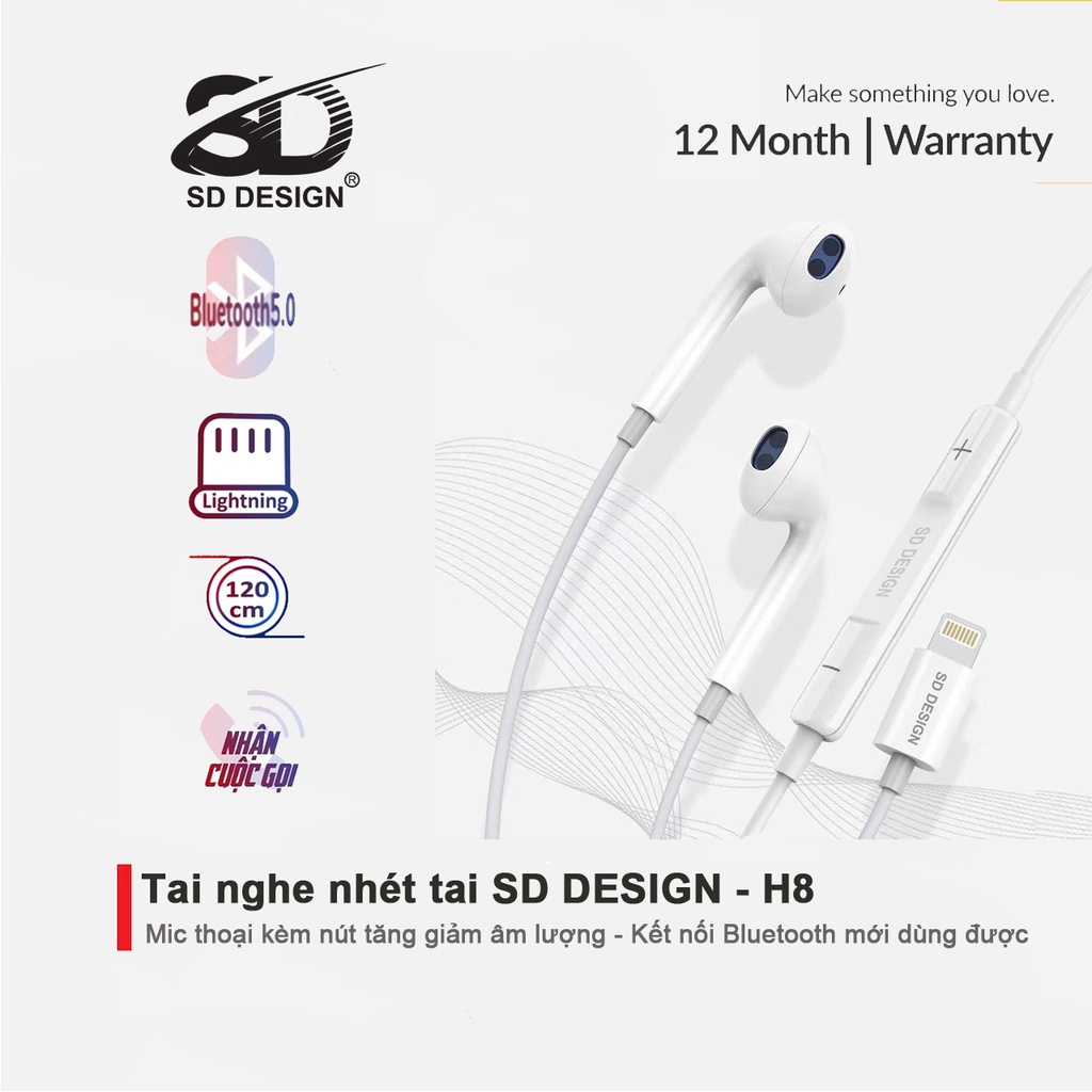 Tai nghe dây nhét tai SD DESIGN H8 chính hãng jack cắm Lightning có mic đàm thoại - Kết nối bluetooth mới dùng được