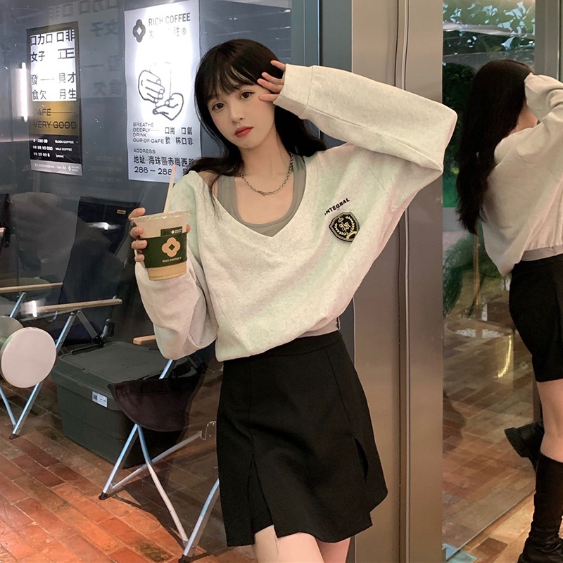Áo Sweater Tay Dài Giả Hai Lớp Thời Trang Mùa Thu Cho Nữ