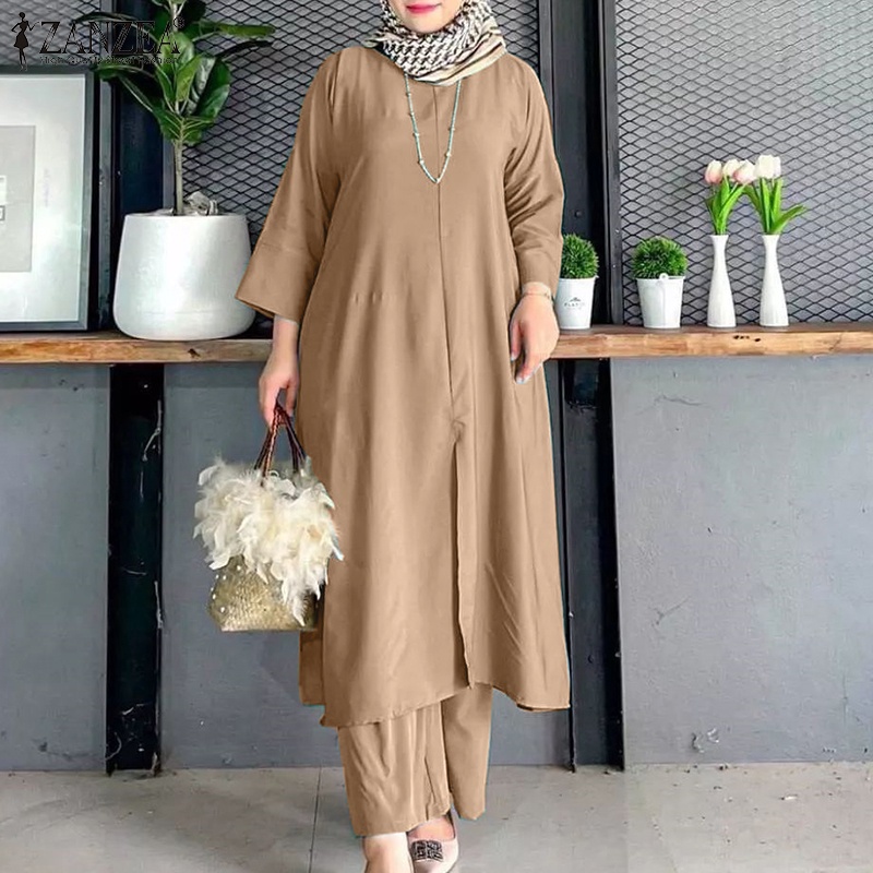 Bộ đồ Hồi Giáo ZANZEA dáng rộng cổ tròn tay dài xẻ tà màu trơn thời trang cho nữ