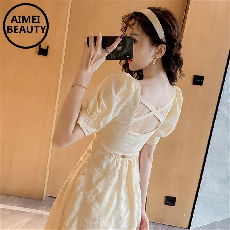 Đầm Voan Ngắn Tay Cổ Chữ V Xinh Xắn Theo Phong Cách Hàn Quốc