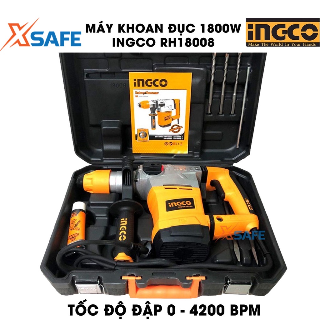 Máy khoan đục 1800W INGCO RH18008 kèm 3 mũi khoan gài, 2 mũi đục tốc độ không tải 850 vòng/phút