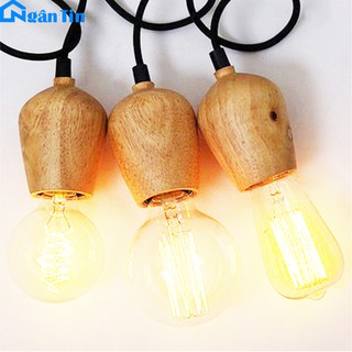 Bộ 3 dây đuôi gỗ đèn Led chung một đế thả trần trang trí nhà quán cà phê E27 220V Ngân Tin (Tặng kèm 3 bóng đèn led 4w)