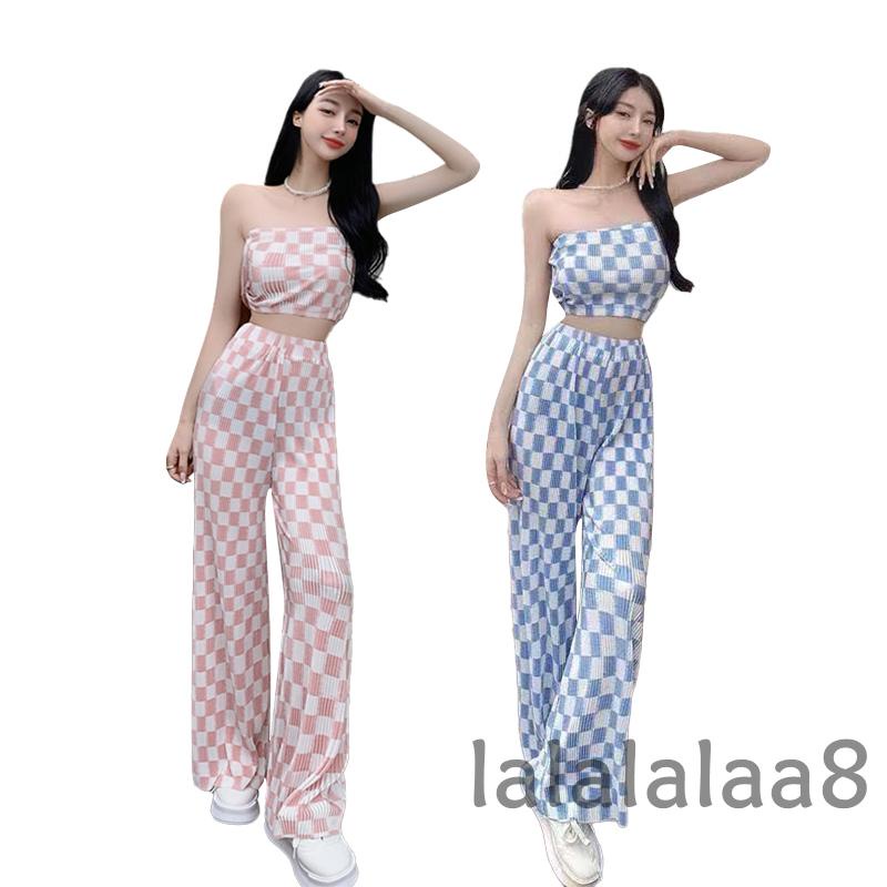 Set 2 Món Áo Ống Không Tay Phối Quần Dài Ống Rộng Lưng Cao Họa Tiết Sọc Caro Cho Nữ La8-YS