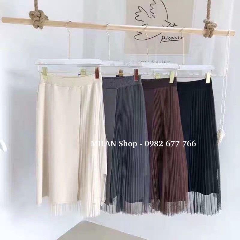 Chân váy len phối ren xếp ly dài qua gối thời trang