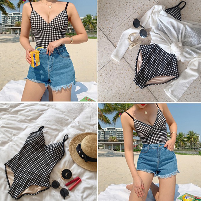 Hàng cao cấp- Bikini đi biển 1 mảnh 2 dây kẻ sọc trẻ trung chất đanh mịn