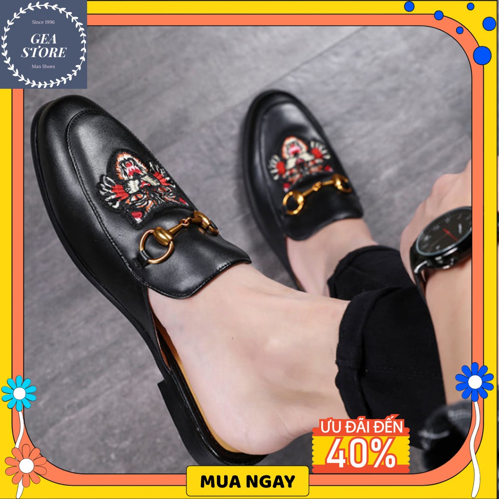 Giày sục nam cao cấp giá rẻ, Sục nam da họa tiết nổi bật hình cáo chất liệu da bò pu đế cao su đúc bền - Mã SC01