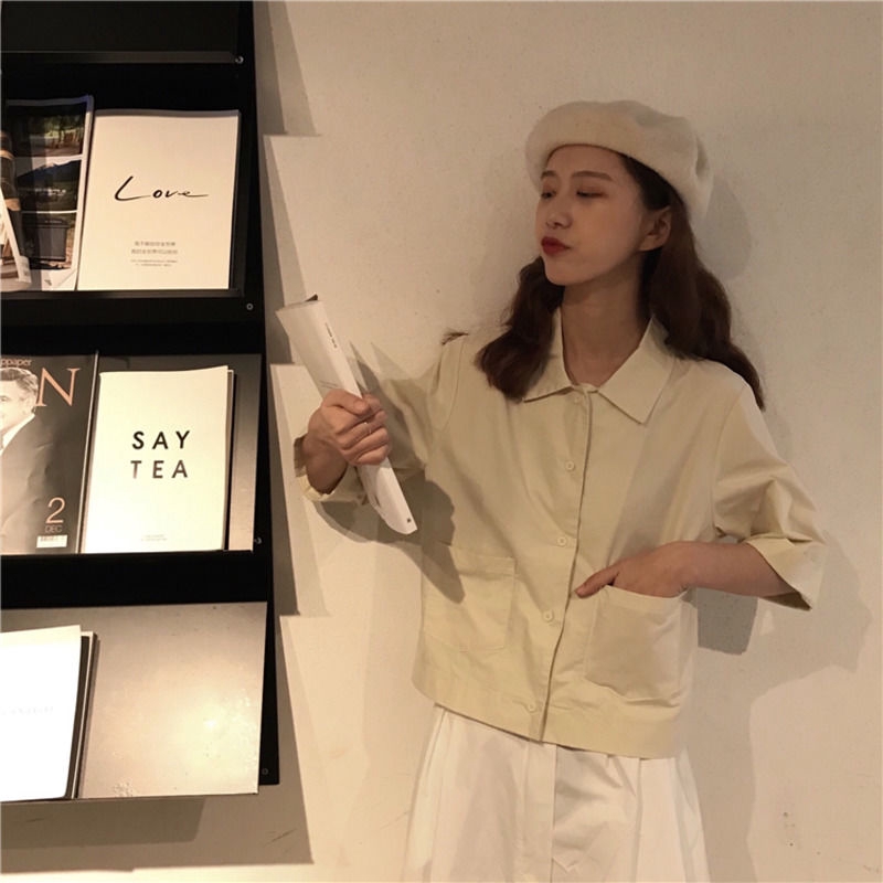 Áo sơ mi cơ bản 166362Áo Cardigan tay ngắn cổ POLO phong cách đại học | BigBuy360 - bigbuy360.vn